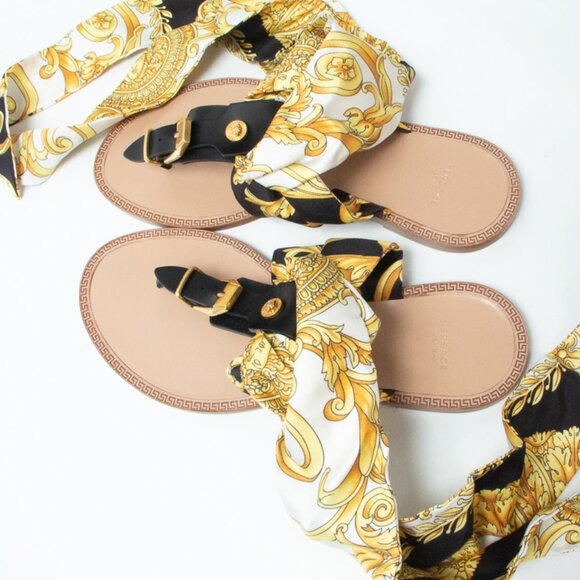 NIB Versace Medusa Ankle Wrap Silk Sash Barocco Sandals Flats Black & Gold, 37 - Picture 13 of 16